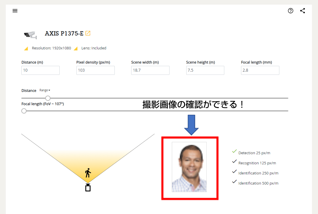 レンズカリキュレーターで条件設定を変更していくと、設定値に合わせて右下の人の画像が変化していきます。