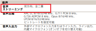 「音声ストリーミング」の項目に「全二重」と書かれています。