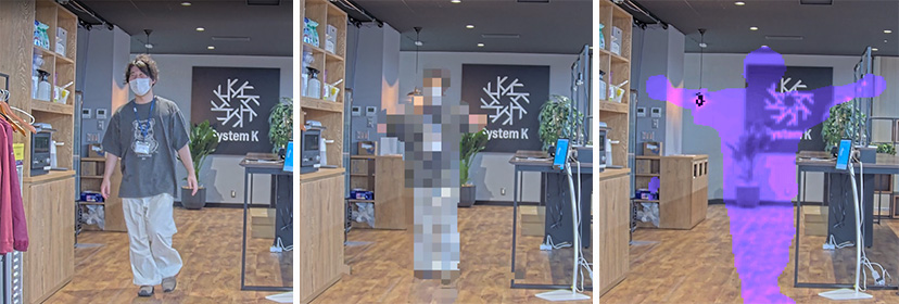 ライブプライバシーシールドの比較画像（左から通常時／モザイク／シルエット）